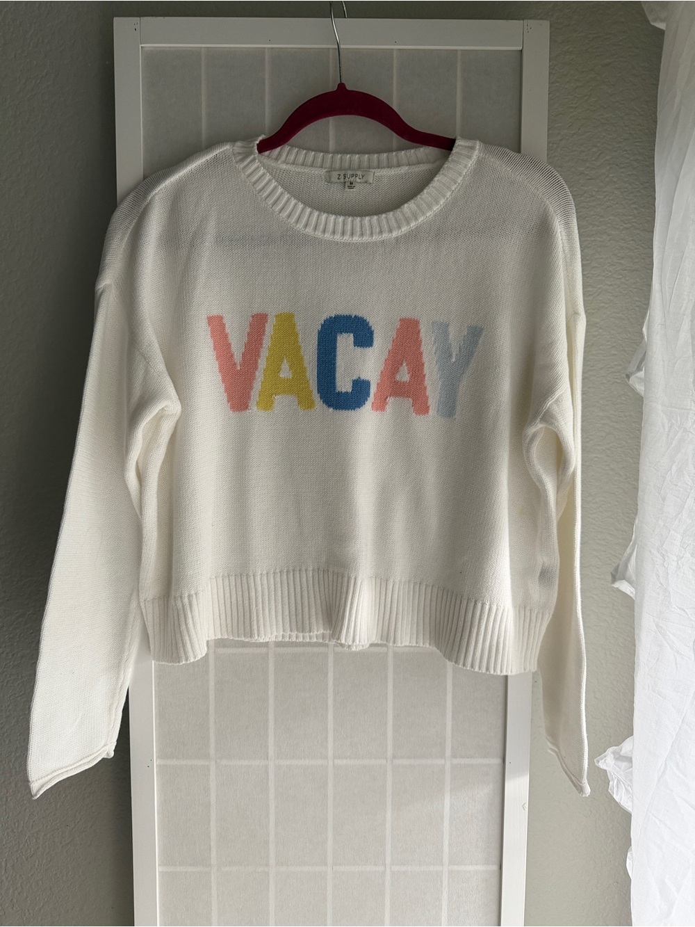 Z Supply White Crewneck Sweater with Pastel VACAY Lettering